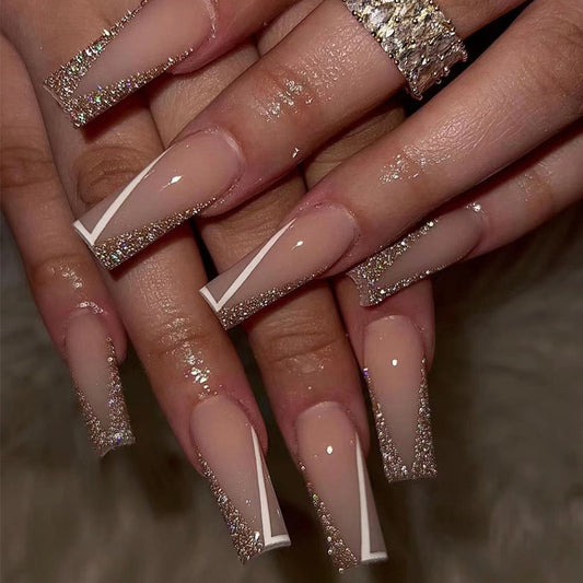 White Line Glitter Nail Tips for Sparkling Look