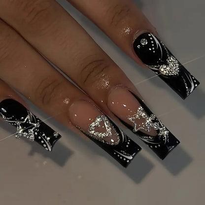 Y2K Sweet Chic Black French Nails with Heart and Star Accents