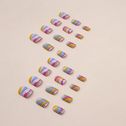 Short Square Nails, Multicolor Coating, Abstract Art INS Style