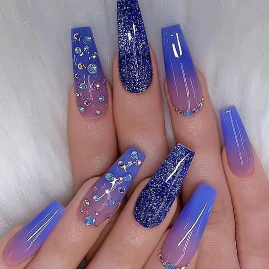 New FashionDreamy Galaxy Gradient Blue Diamond Nail Tips