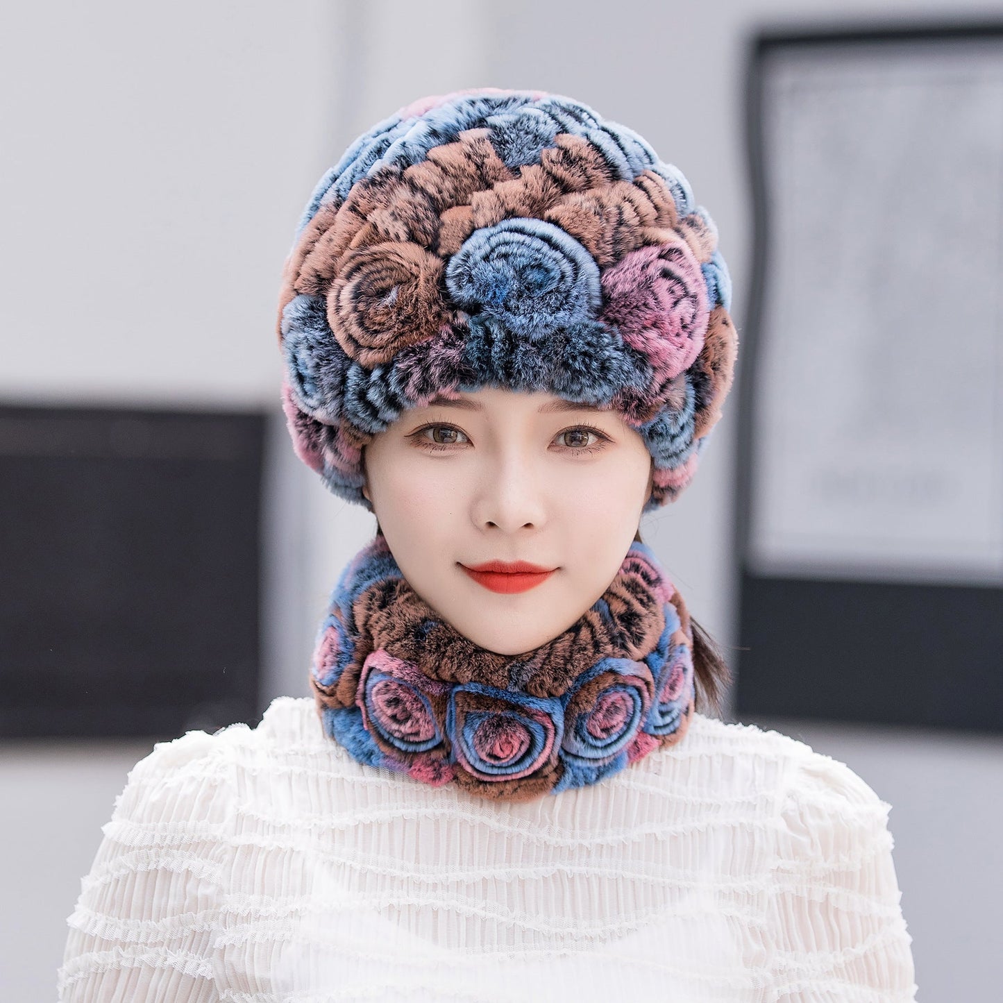 Warm Real Rabbit Fur Ear Flap Hat & Scarf Set