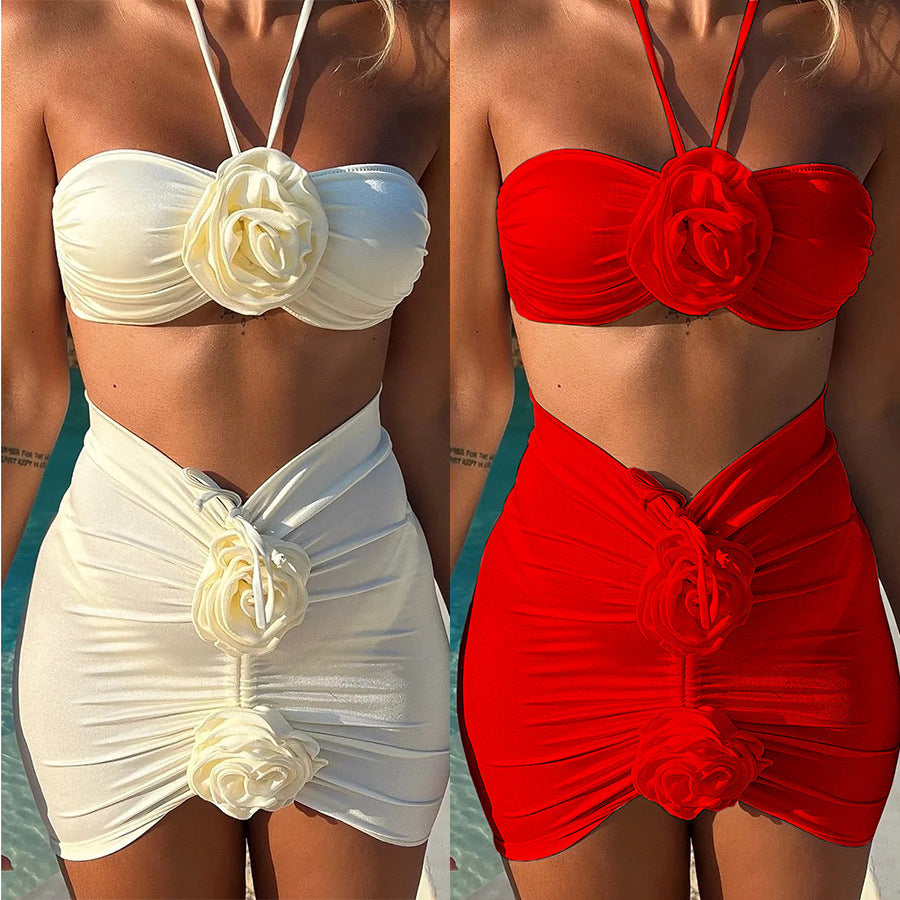 Milky White Blossoms Beach Vacation Wind Three-piece Set Swimsuit