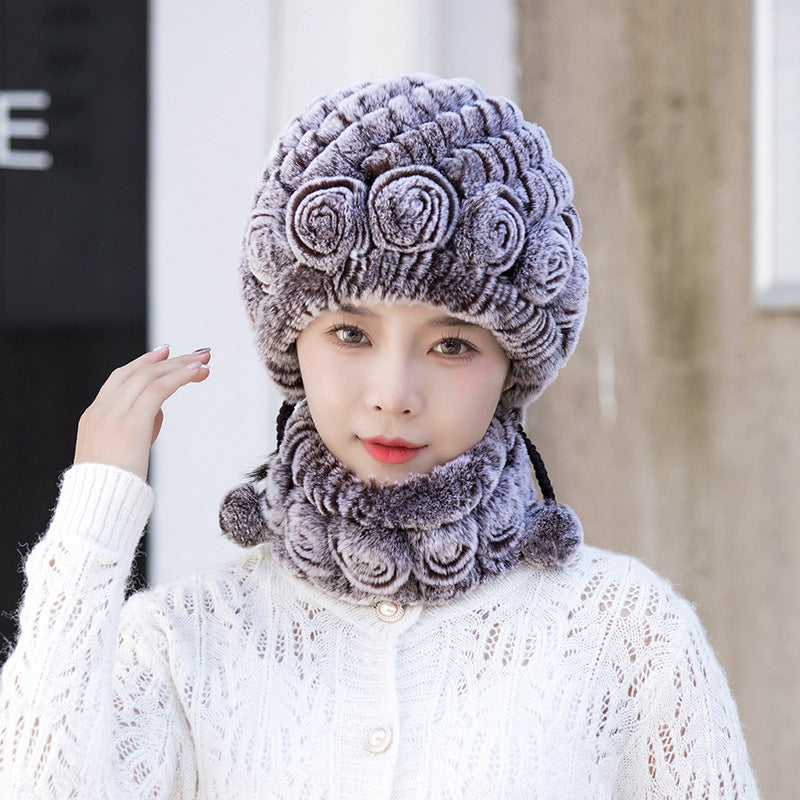 Warm Real Rabbit Fur Ear Flap Hat & Scarf Set