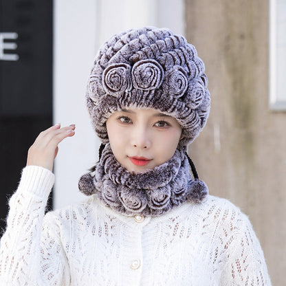 Warm Real Rabbit Fur Ear Flap Hat & Scarf Set