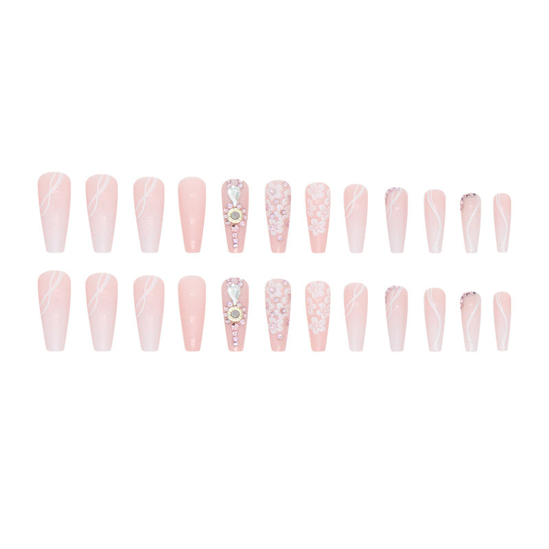 Long Ballet Gradient White Floral Fall Nails: 24-Piece Sparkly Fake Nail Wraps