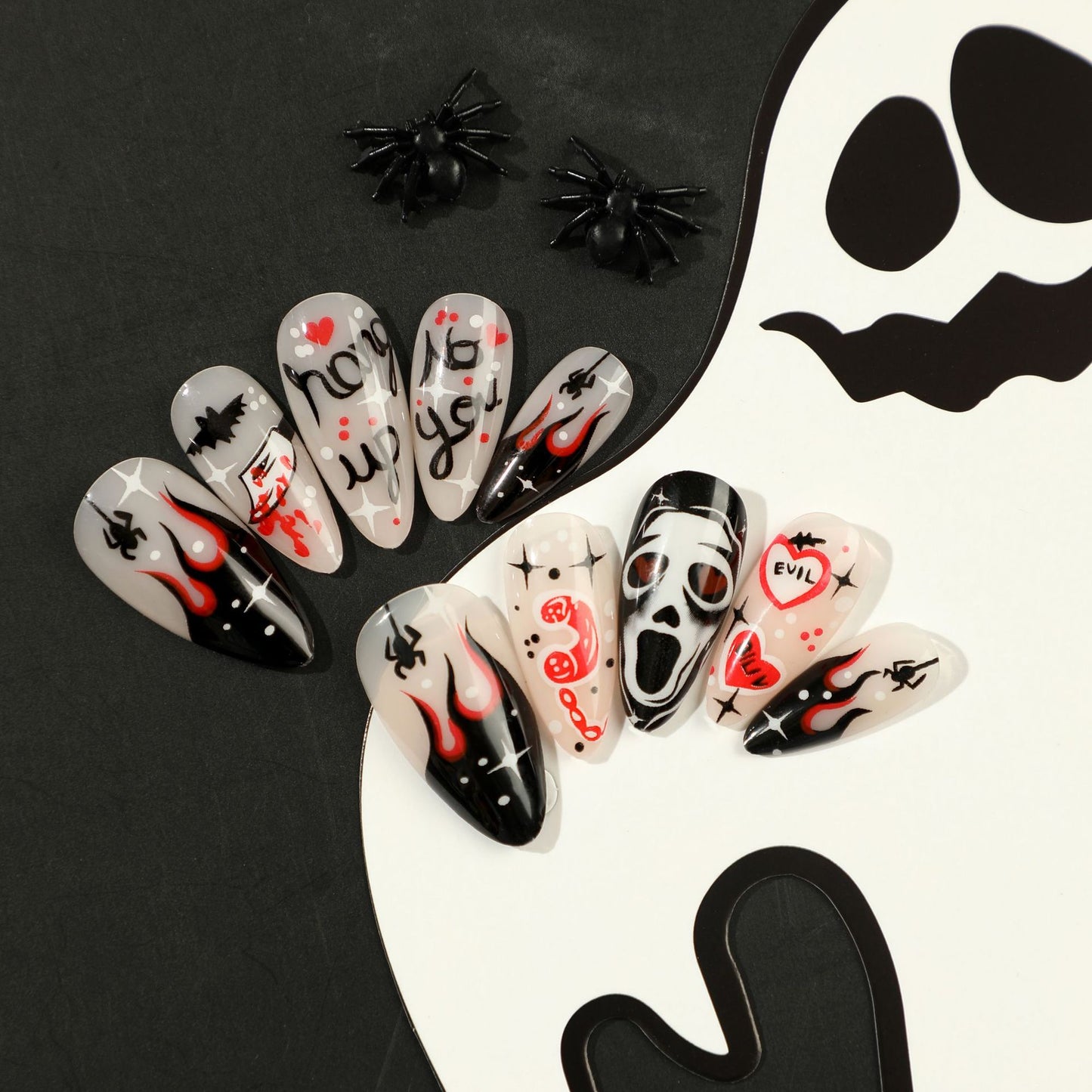 Halloween Nail Art: Black Flames, Spiders, Heart Skulls