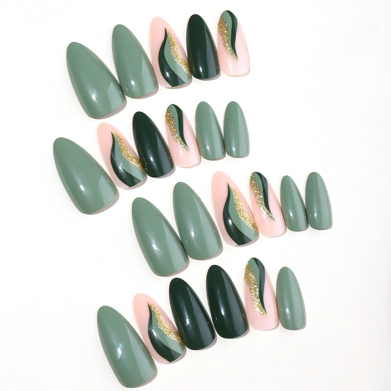 Almond Shape Green Gold False Nails