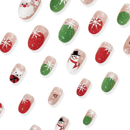 24-Piece Short Oval Red Green French Christmas Cartoon Nail Tips