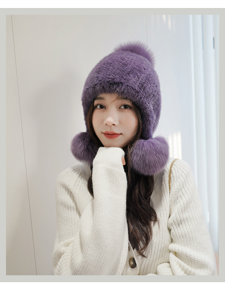 Warm Mink Fur Hat with Fox Fur Pom Pom - Winter Accessory