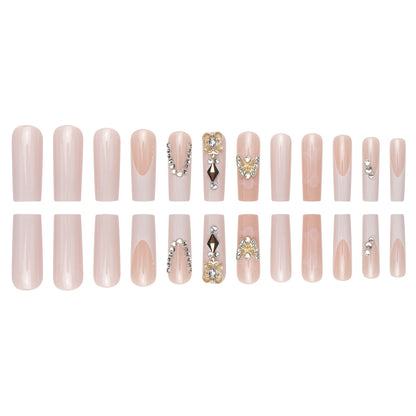 24-Piece Long French Nail Extensions with Diamonds, Butterflies