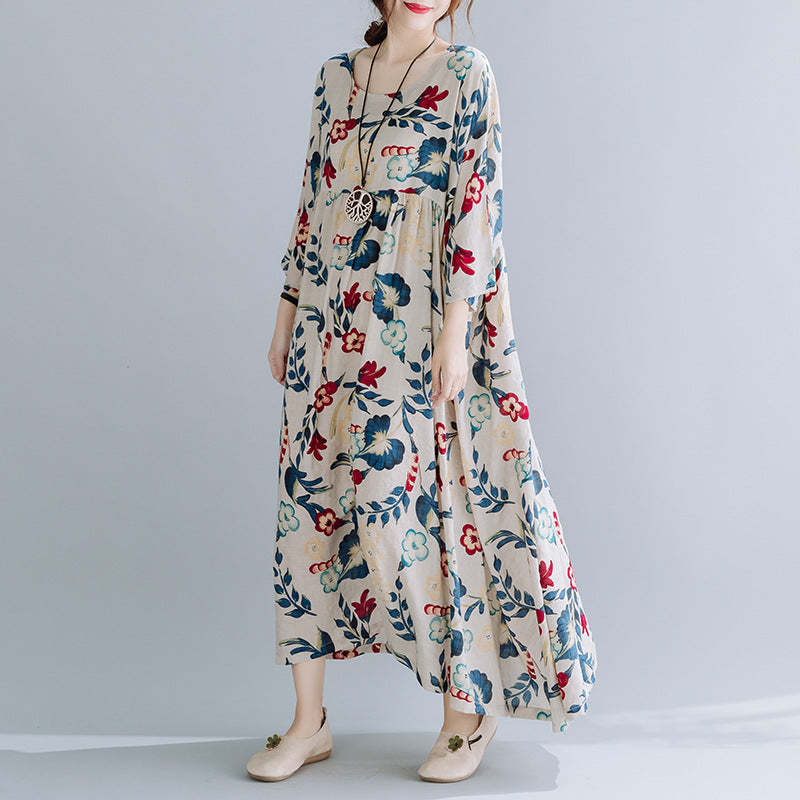 Artsy Loose-fitting Floral Print Swing Dress