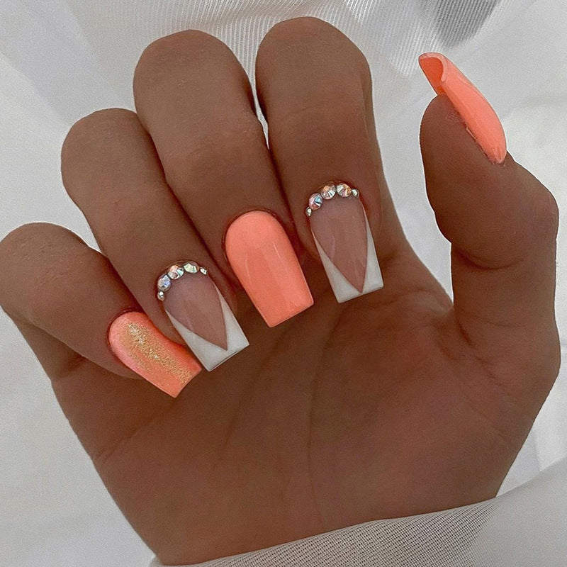 Square Mid-Length Orange Nails - Bright, Solid Color, French Tip