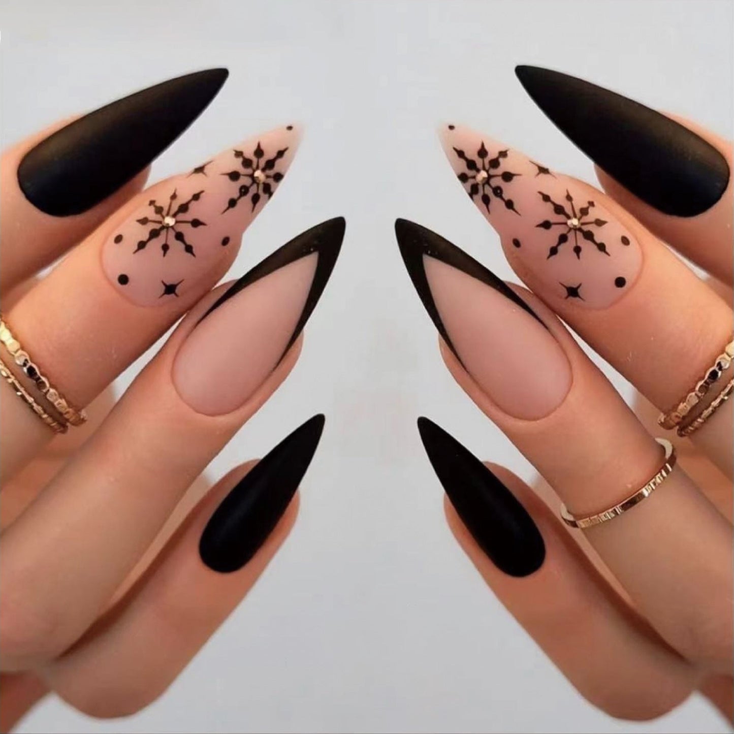 Extra Long Pointed Black French Matte Nails with Snowflakes