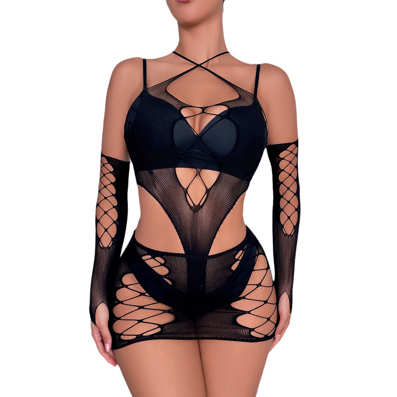 Sexy Hollow Transparent Three-piece Set Tight Fishing Net Gloves Jacquard Hip Skirt, Sleeve Set Underwear