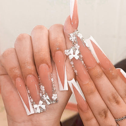 Ultra Long White French Diamond Bow Nails