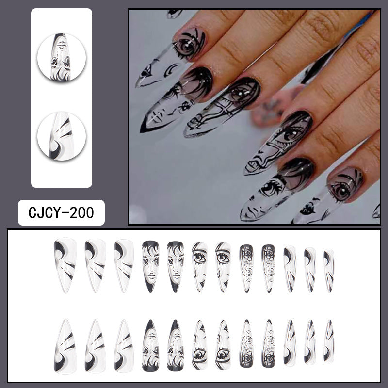 Black Graffiti Cartoon Face Watercolor Nail Extensions