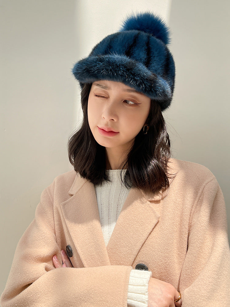 Warm Mink Fur Baseball Cap with Fox Pom Pom - Winter Fashion