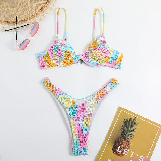 2025 New Women's Split Floral Print Push-Up Bikini Swimwear