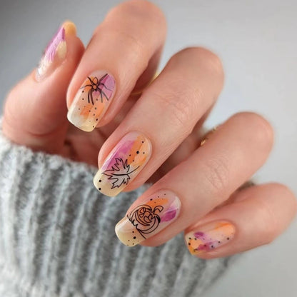 Thanksgiving Pumpkin Maple Leaf Short Square Nail Tips