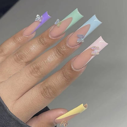 Rainbow French Edge Bow Nail Extensions with Diamonds