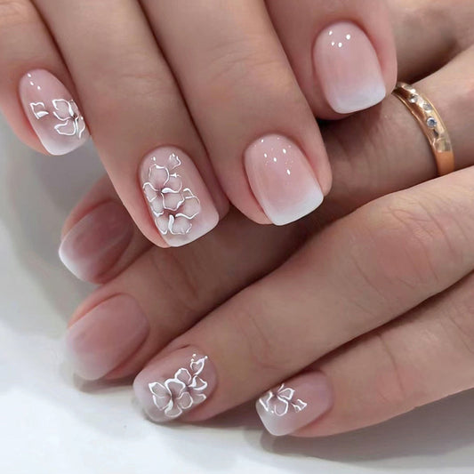 Short Square Nail Tips with Soft Gradient and Flowers