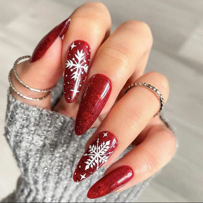 Long Oval Christmas Nail Tips with Winter Designs