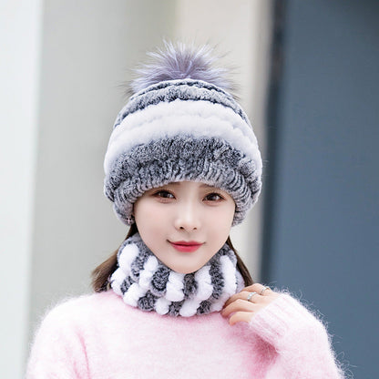 Warm Real Rabbit Fur Ear Flap Hat & Scarf Set