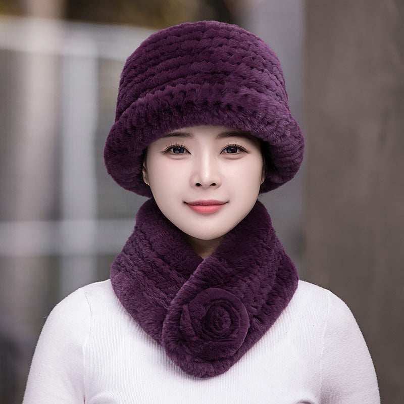 Winter Real Rabbit Fur Knit Hat & Scarf Set