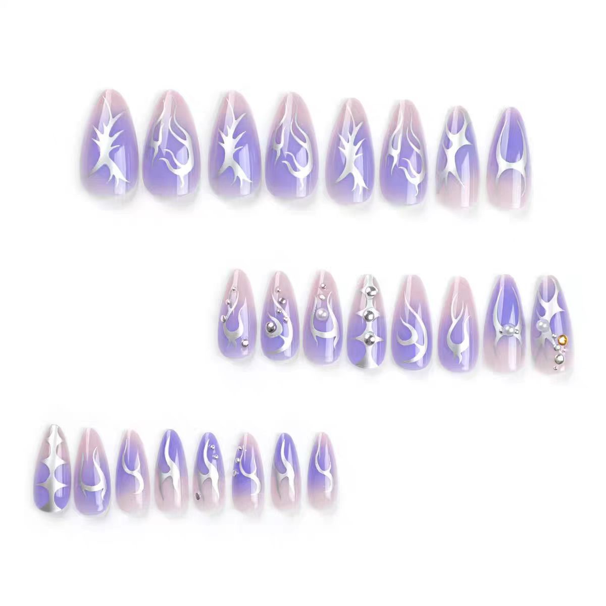 Almond Purple & Silver Flame Fall Nails - Removable Nail Tips