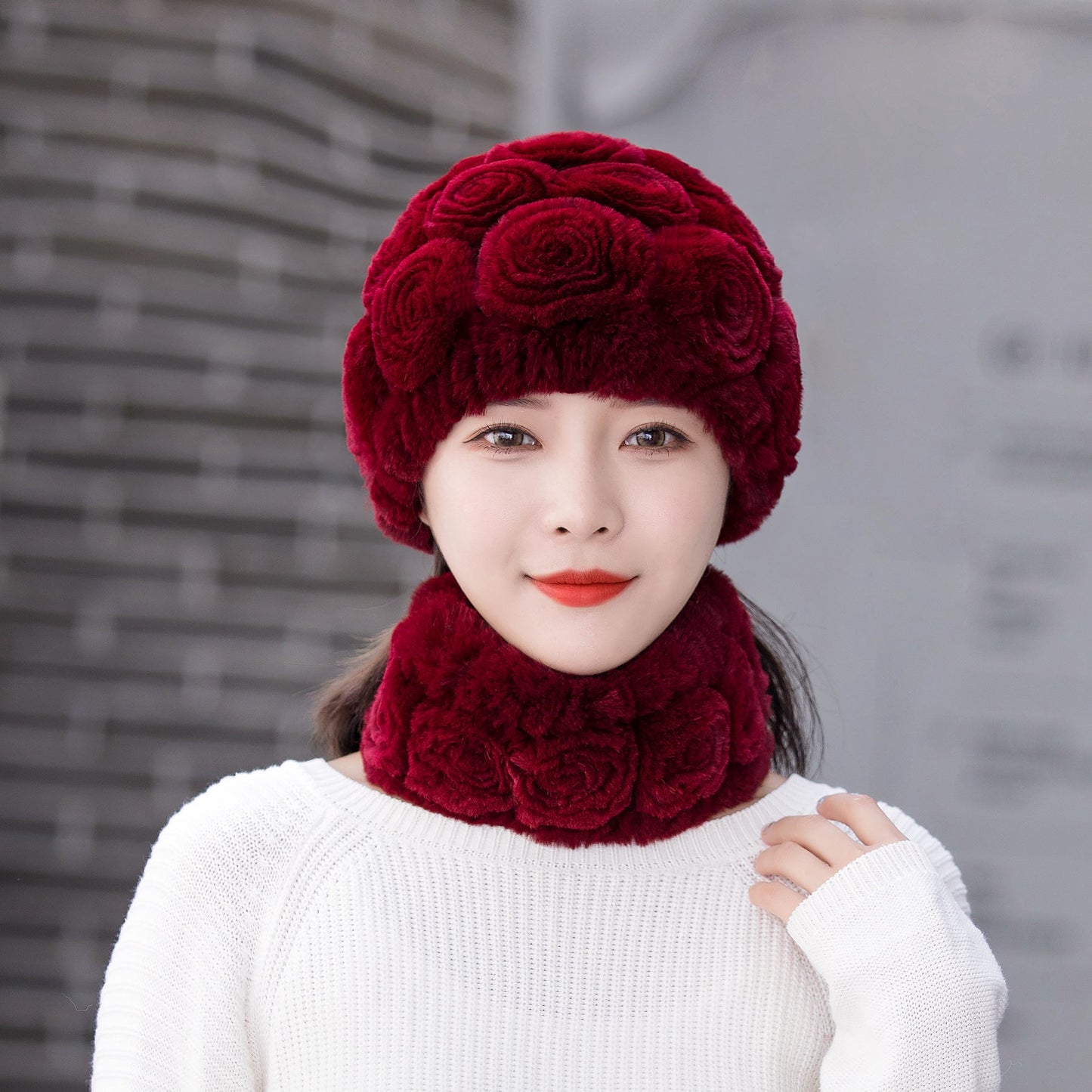 Warm Real Rabbit Fur Ear Flap Hat & Scarf Set