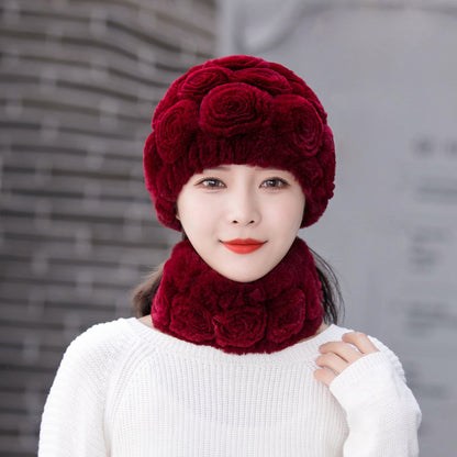 Warm Real Rabbit Fur Ear Flap Hat & Scarf Set