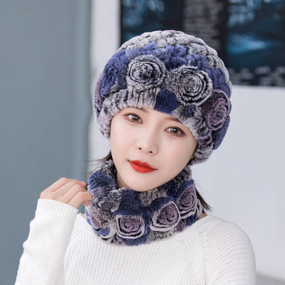 Warm Real Rabbit Fur Ear Flap Hat & Scarf Set