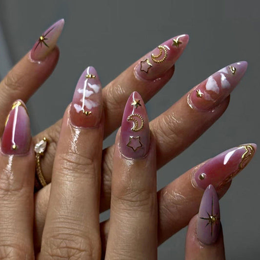 European Fashion Pink-Purple Gradient Almond Nails with Sky Clouds, Stars, Moon, and Diamonds