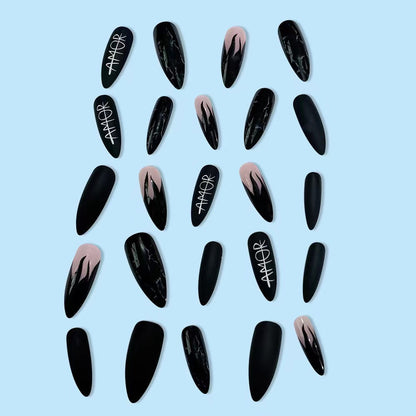 White Letter Black Flame Long Pointed Nail Wraps for Fall Nails