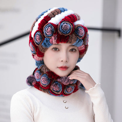 Warm Real Rabbit Fur Ear Flap Hat & Scarf Set