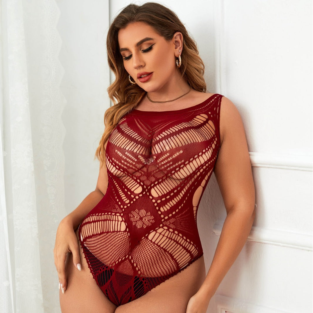 Plus Size See-Through Hollow Mesh Bodysuit