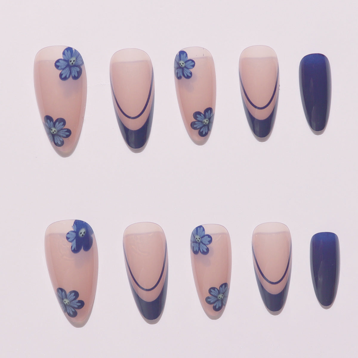 24-Piece INS Style Blue Floral Nail Extensions