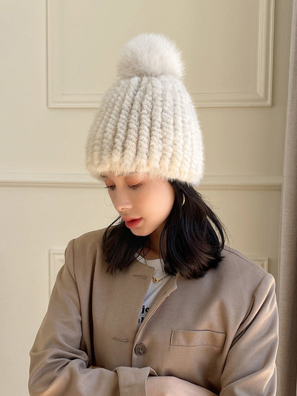 Versatile Mink Fur Knit Winter Hat with Fox Pom Pom