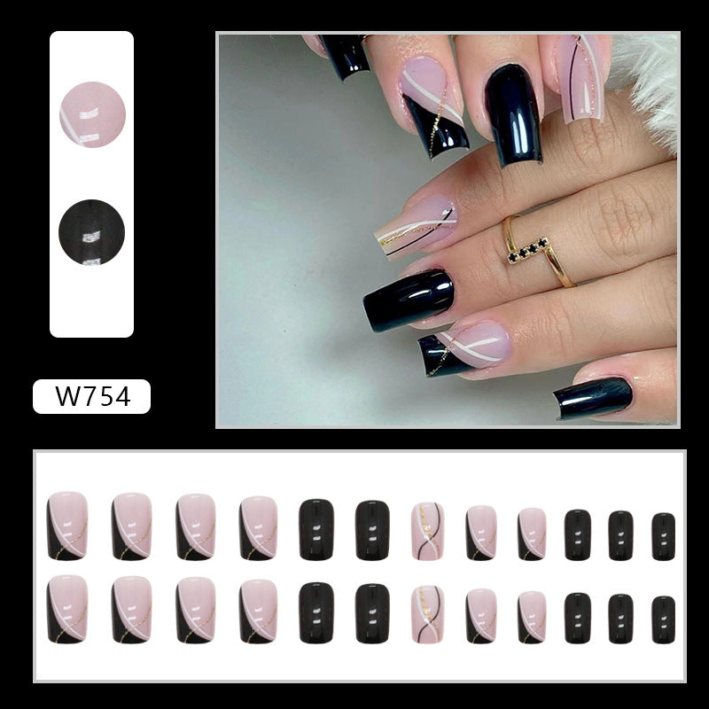 Mid-Length Euro Square Fake Nails Black White Ombre Classic Double Line French Nails-homeunderwear