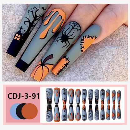 Long Halloween Nail Tips with Spider Web Design