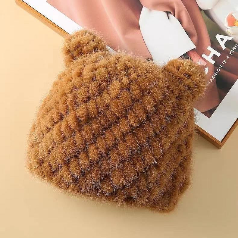 Winter Mink Fur Beanie with Cat Ears - Cozy & Cute