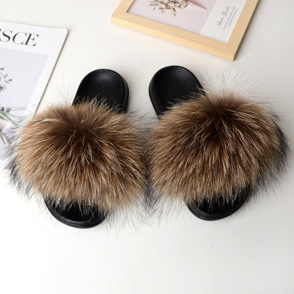 Fashionable Fox & Raccoon Fur Slides - Cozy Slip-Ons