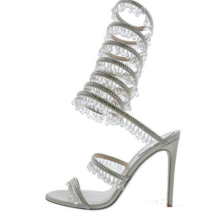 Gemstone-Adorned Wrap Around Ankle Strap Stiletto Sandals-Homeunderwear