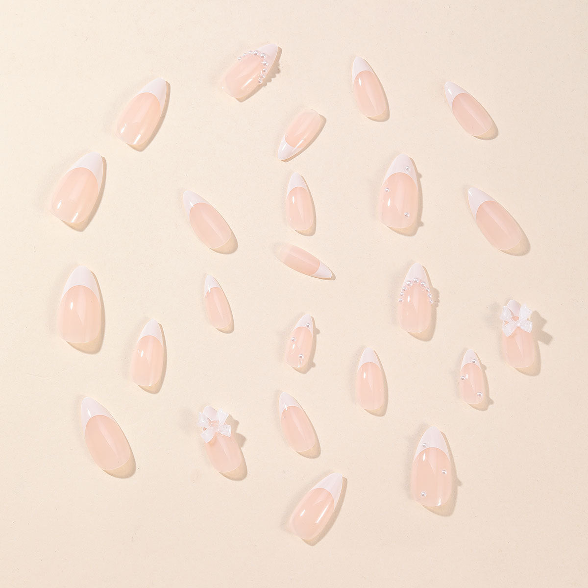 Almond White French Tip Pearl Bow Removable Nail Stickers