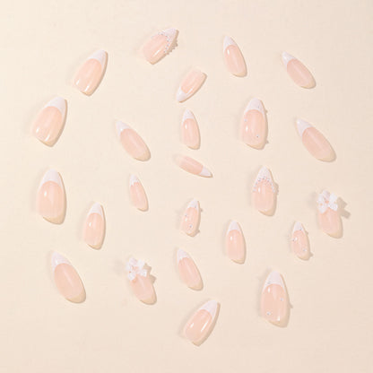 Almond White French Tip Pearl Bow Removable Nail Stickers