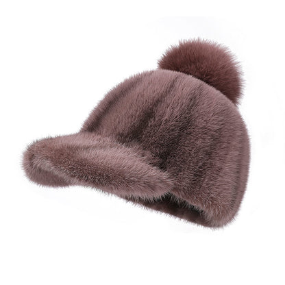 Warm Mink Fur Hat - Fox Pom Pom Baseball Cap