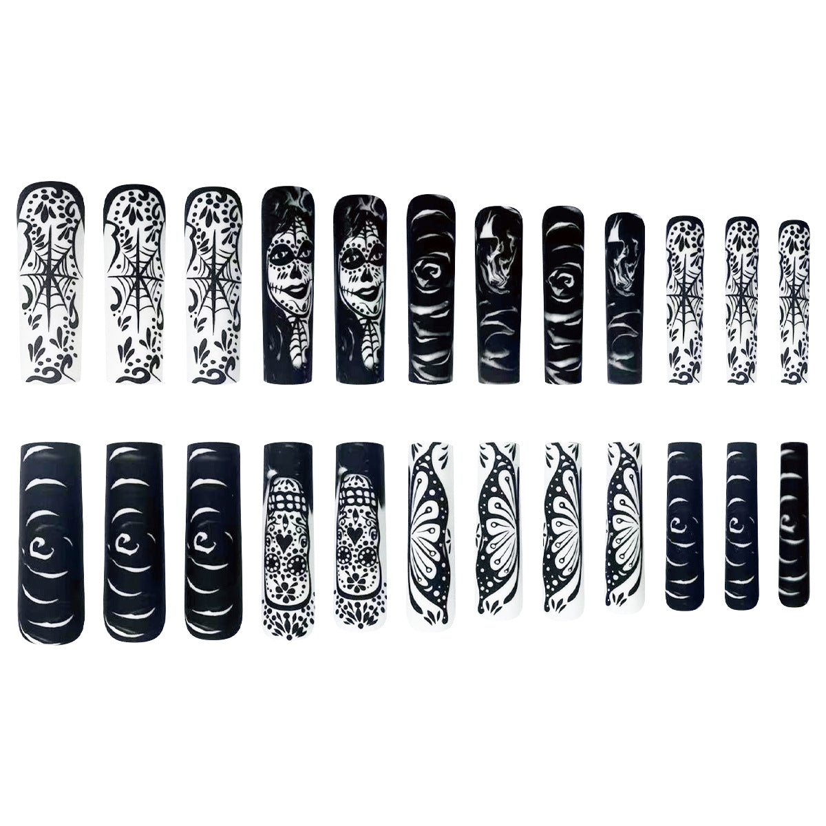 Extra Long Black and White Ombre Nails with Skulls and Flowers