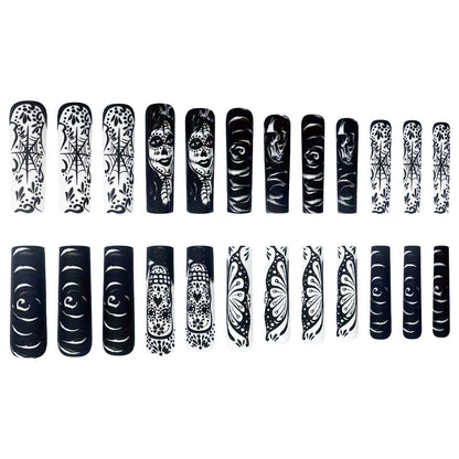 Extra Long Black and White Ombre Nails with Skulls and Flowers