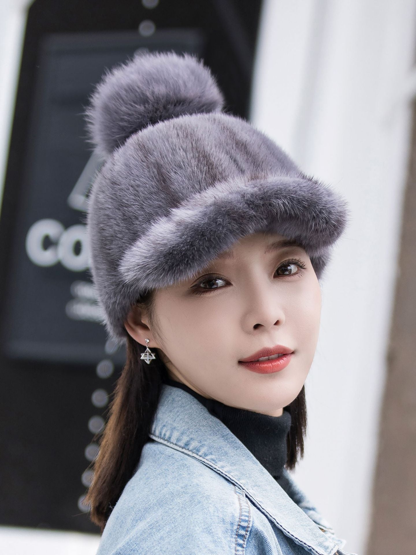 Warm Mink Fur Hat - Fox Pom Pom Baseball Cap