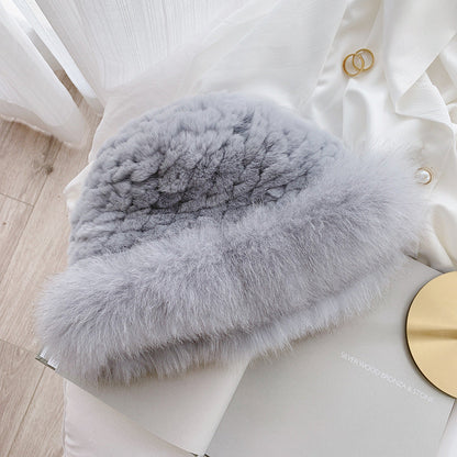 Cute Real Rabbit Fur Hat with Fox Trim - Winter Warmth